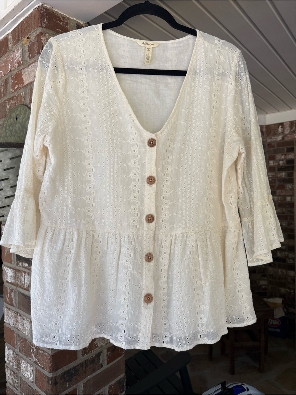 Matilda Jane “Have A Good Day” Cream Eyelet Button-Front Peplum Top